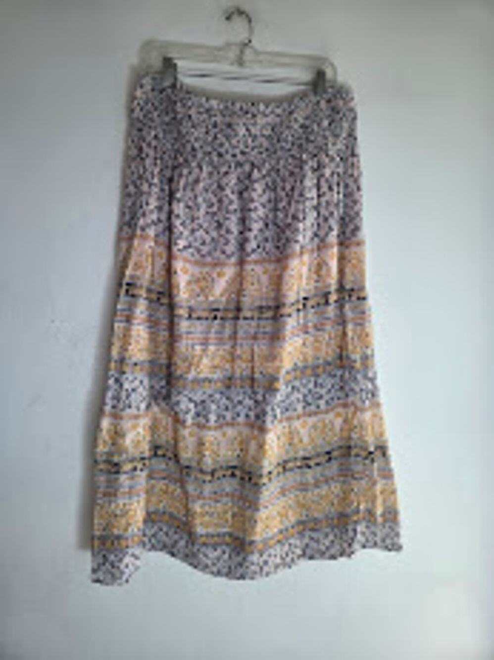 J.Jill Cream Blue Yellow Floral Tapestry 100% Cotton Pull On Midi Skirt sz Large